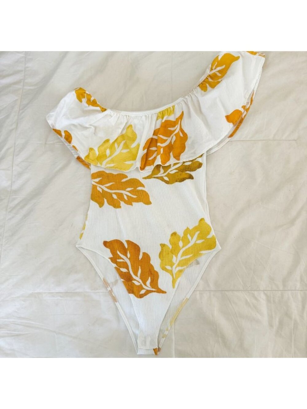 Tintoretto White Yellow Orange Tropical Leaf One Shoulder Ruffle Bodysuit Small
